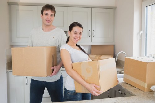 Packed moving boxes and essentials ready for house removals in Kingsbury